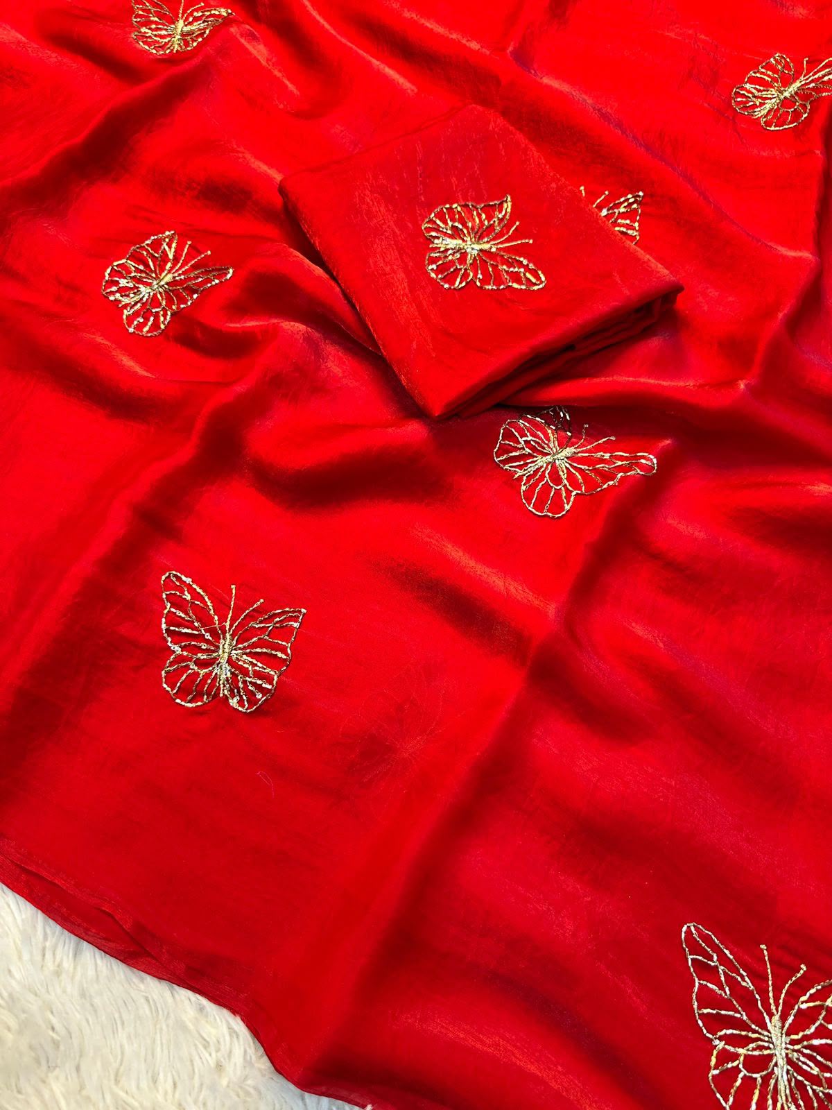 Two-Tone Space Silk Saree with Butterfly Beads Work & Matching Blouse