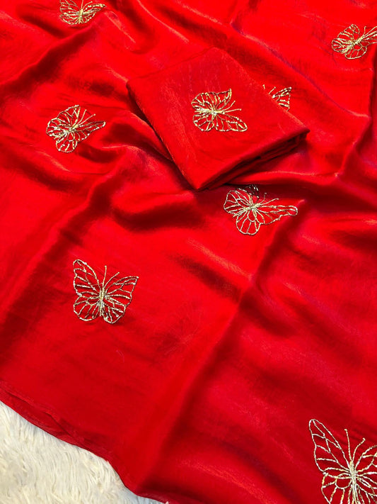 Two-Tone Space Silk Saree with Butterfly Beads Work & Matching Blouse