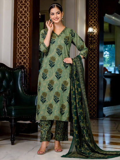 V Neck Azrak Floral Print Cotton Suit Set with Kurti, Pant & Dupatta