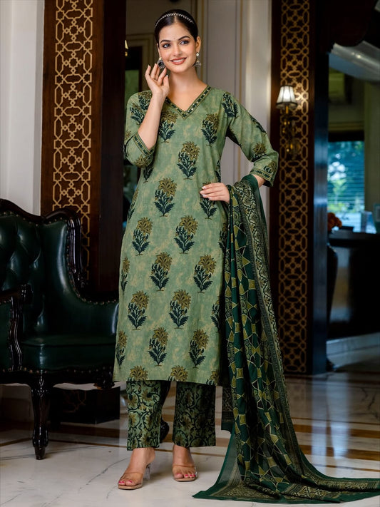 V Neck Azrak Floral Print Cotton Suit Set with Kurti, Pant & Dupatta