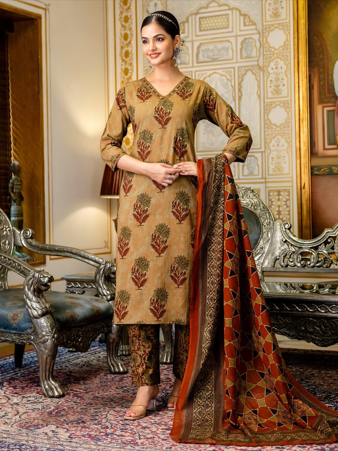 V Neck Azrak Floral Print Cotton Suit Set with Kurti, Pant & Dupatta
