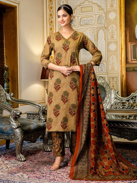 V Neck Azrak Floral Print Cotton Suit Set with Kurti, Pant & Dupatta