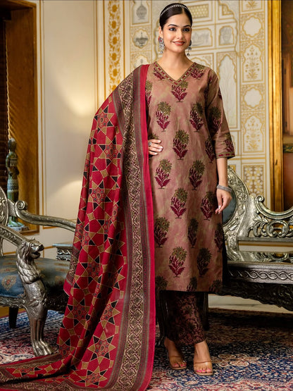 V Neck Azrak Floral Print Cotton Suit Set with Kurti, Pant & Dupatta
