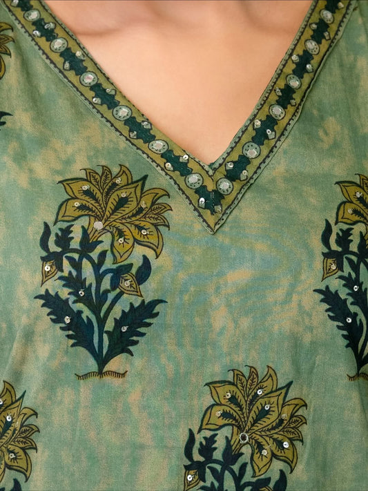 V Neck Azrak Floral Print Cotton Suit Set with Kurti, Pant & Dupatta