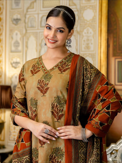 V Neck Azrak Floral Print Cotton Suit Set with Kurti, Pant & Dupatta