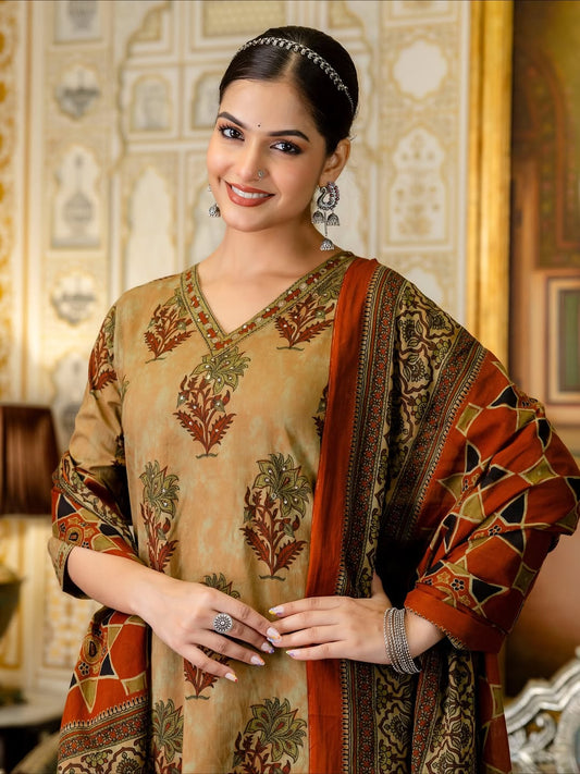 V Neck Azrak Floral Print Cotton Suit Set with Kurti, Pant & Dupatta