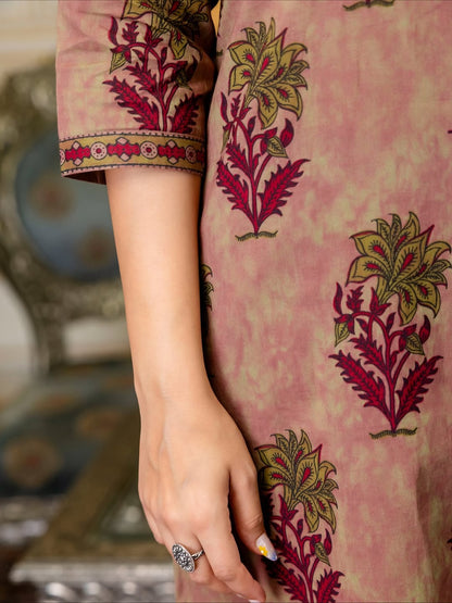V Neck Azrak Floral Print Cotton Suit Set with Kurti, Pant & Dupatta