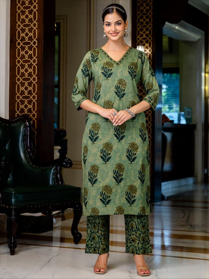 V Neck Azrak Floral Print Cotton Suit Set with Kurti, Pant & Dupatta