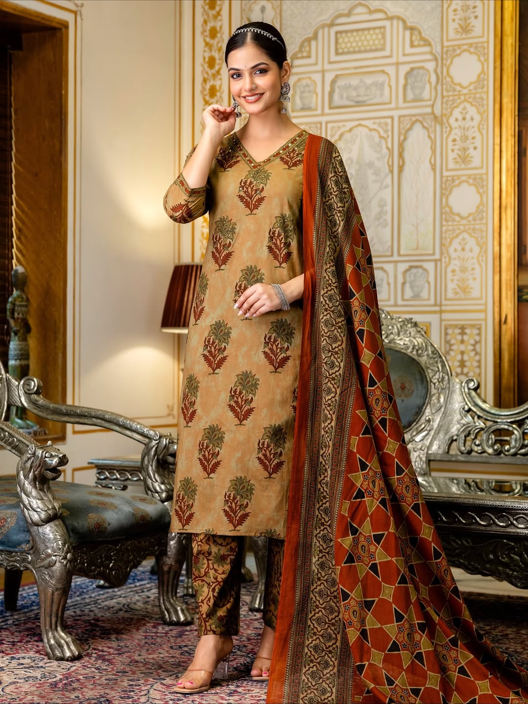 V Neck Azrak Floral Print Cotton Suit Set with Kurti, Pant & Dupatta