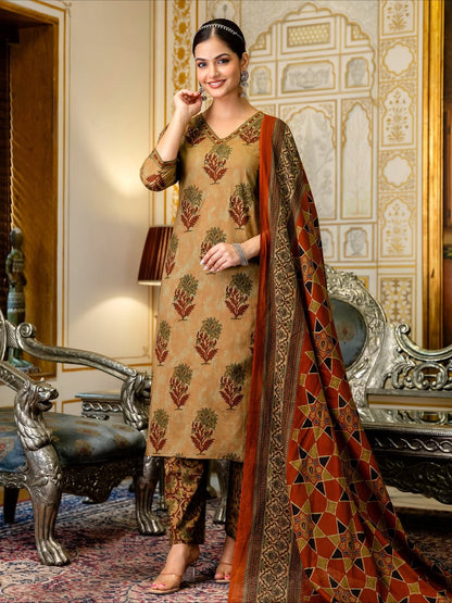 V Neck Azrak Floral Print Cotton Suit Set with Kurti, Pant & Dupatta