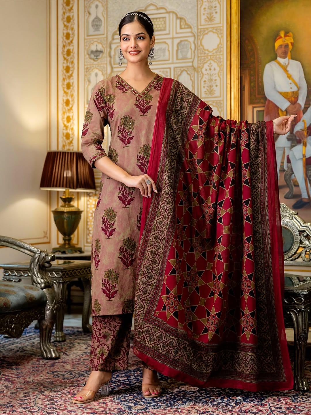 V Neck Azrak Floral Print Cotton Suit Set with Kurti, Pant & Dupatta