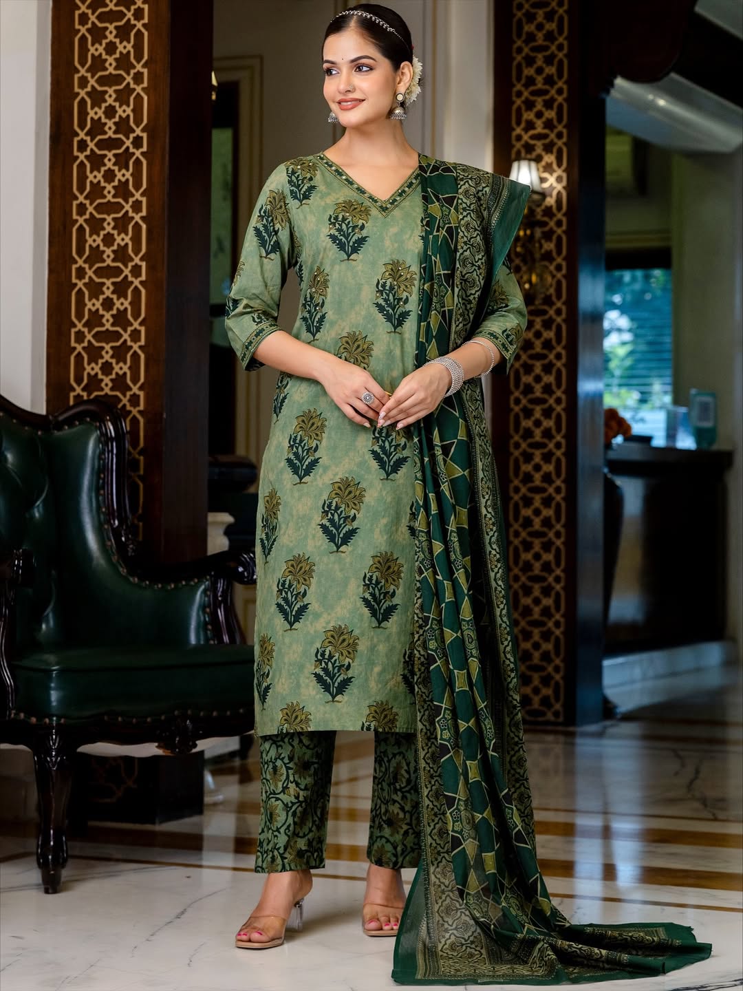 V Neck Azrak Floral Print Cotton Suit Set with Kurti, Pant & Dupatta