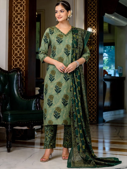V Neck Azrak Floral Print Cotton Suit Set with Kurti, Pant & Dupatta
