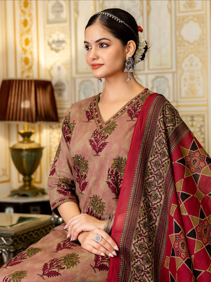 V Neck Azrak Floral Print Cotton Suit Set with Kurti, Pant & Dupatta