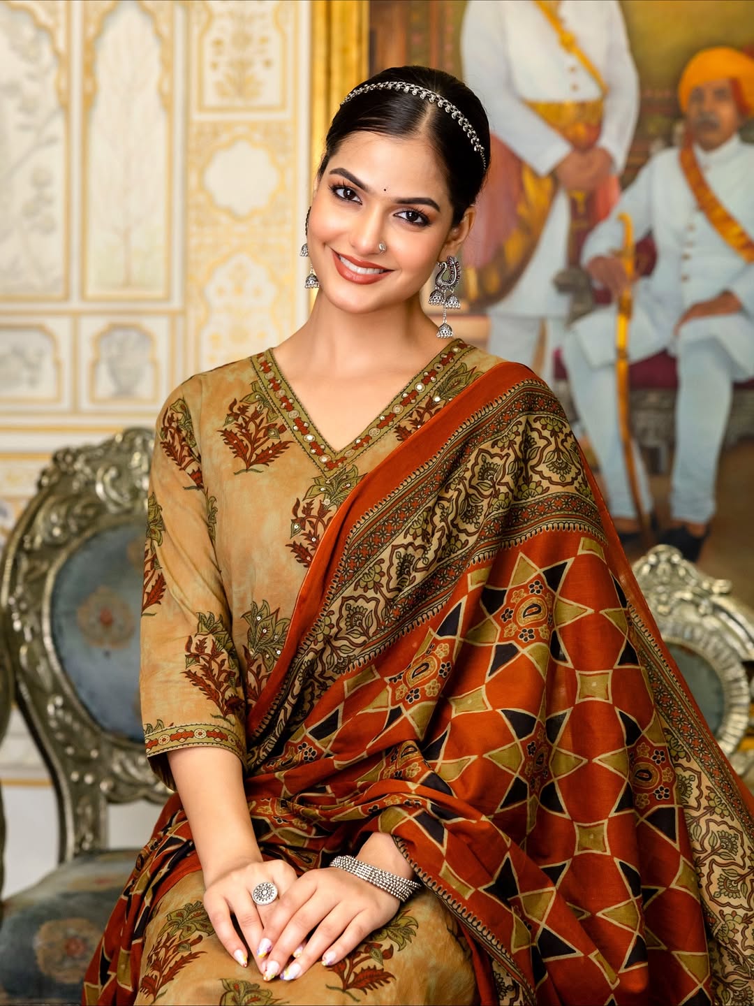 V Neck Azrak Floral Print Cotton Suit Set with Kurti, Pant & Dupatta