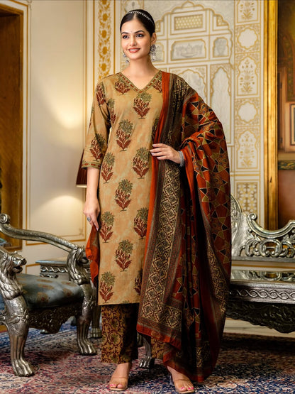 V Neck Azrak Floral Print Cotton Suit Set with Kurti, Pant & Dupatta