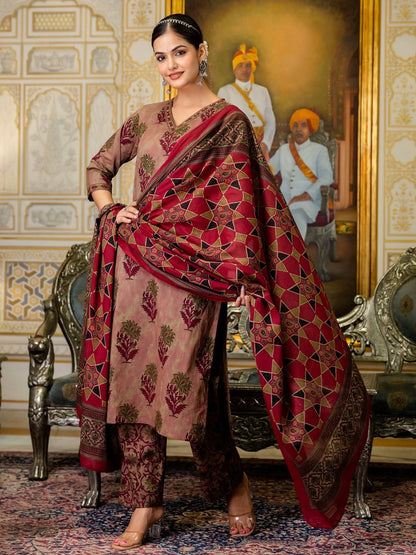 V Neck Azrak Floral Print Cotton Suit Set with Kurti, Pant & Dupatta