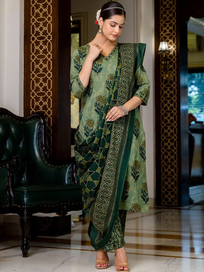 V Neck Azrak Floral Print Cotton Suit Set with Kurti, Pant & Dupatta