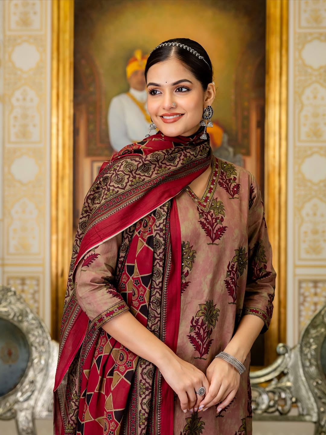 V Neck Azrak Floral Print Cotton Suit Set with Kurti, Pant & Dupatta