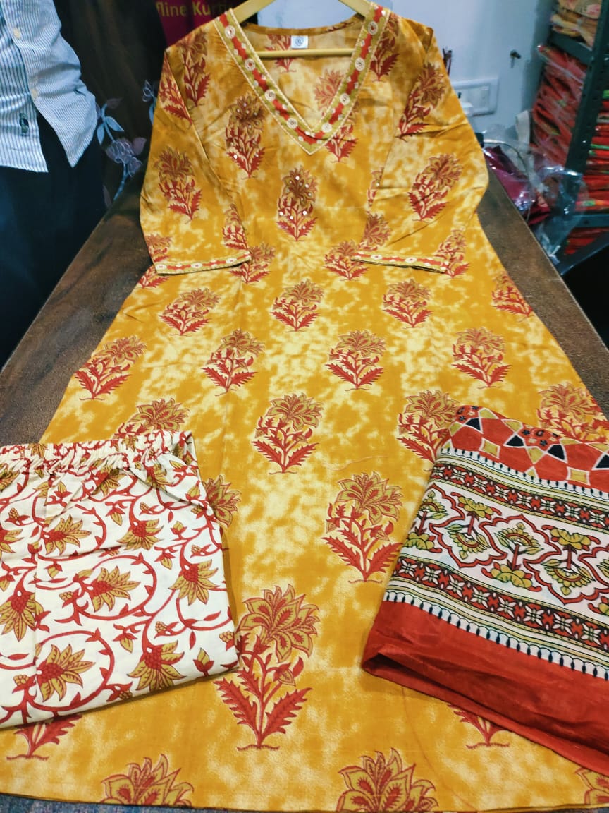 V Neck Azrak Floral Print Cotton Suit Set with Kurti, Pant & Dupatta