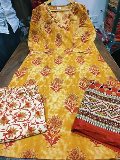 V Neck Azrak Floral Print Cotton Suit Set with Kurti, Pant & Dupatta