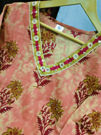 V Neck Azrak Floral Print Cotton Suit Set with Kurti, Pant & Dupatta