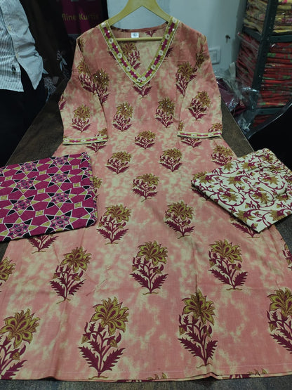 V Neck Azrak Floral Print Cotton Suit Set with Kurti, Pant & Dupatta