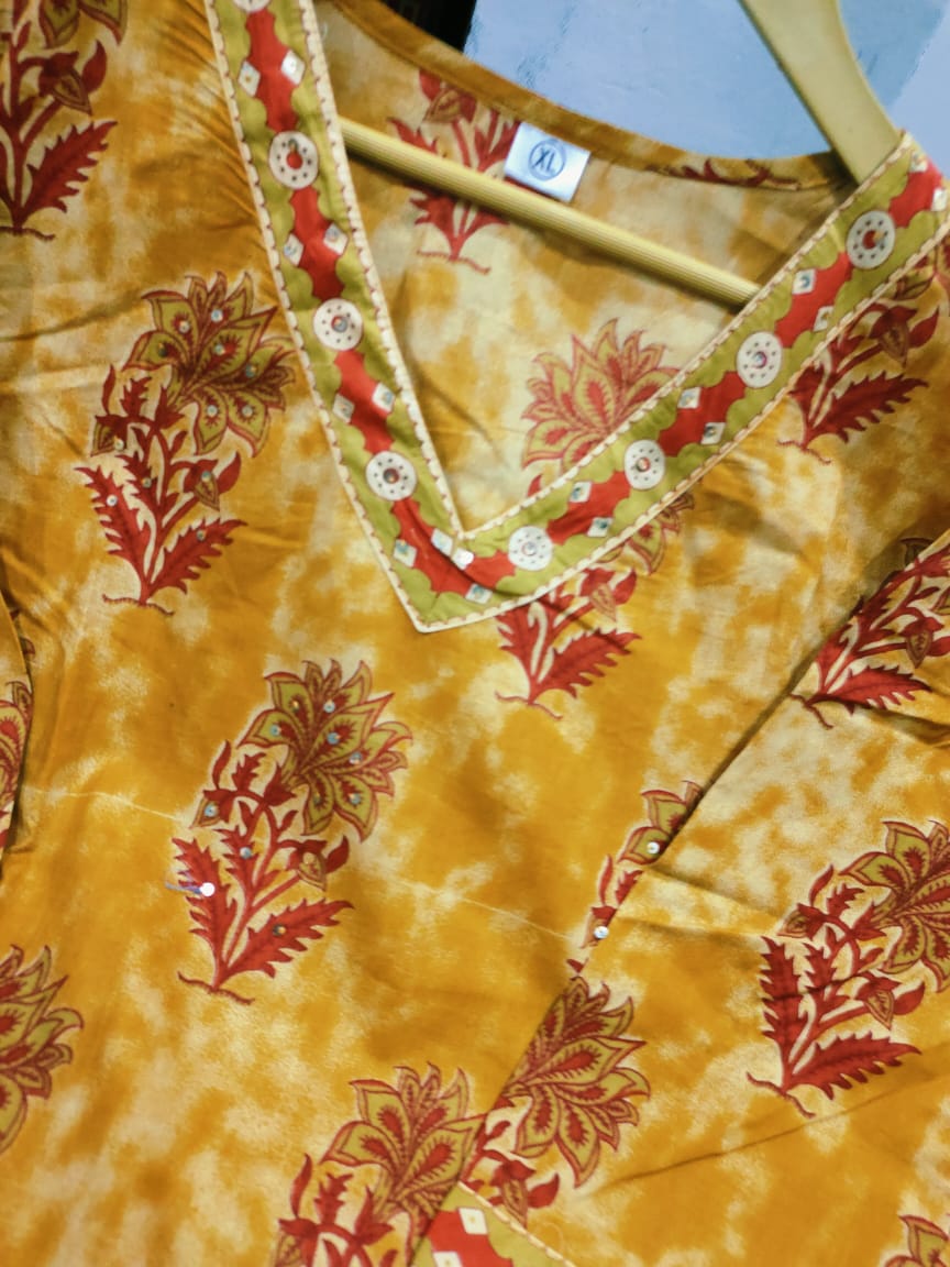 V Neck Azrak Floral Print Cotton Suit Set with Kurti, Pant & Dupatta