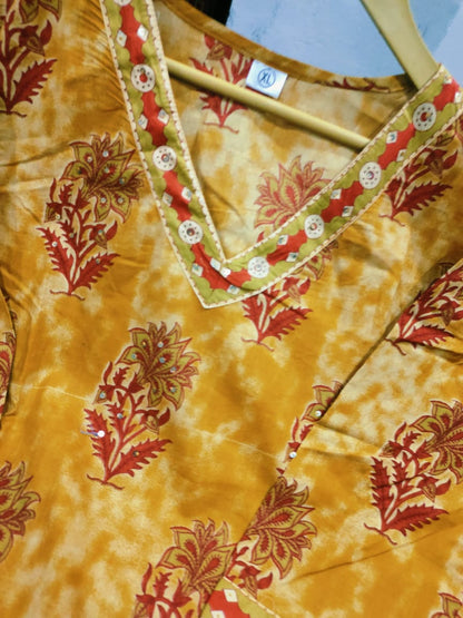 V Neck Azrak Floral Print Cotton Suit Set with Kurti, Pant & Dupatta