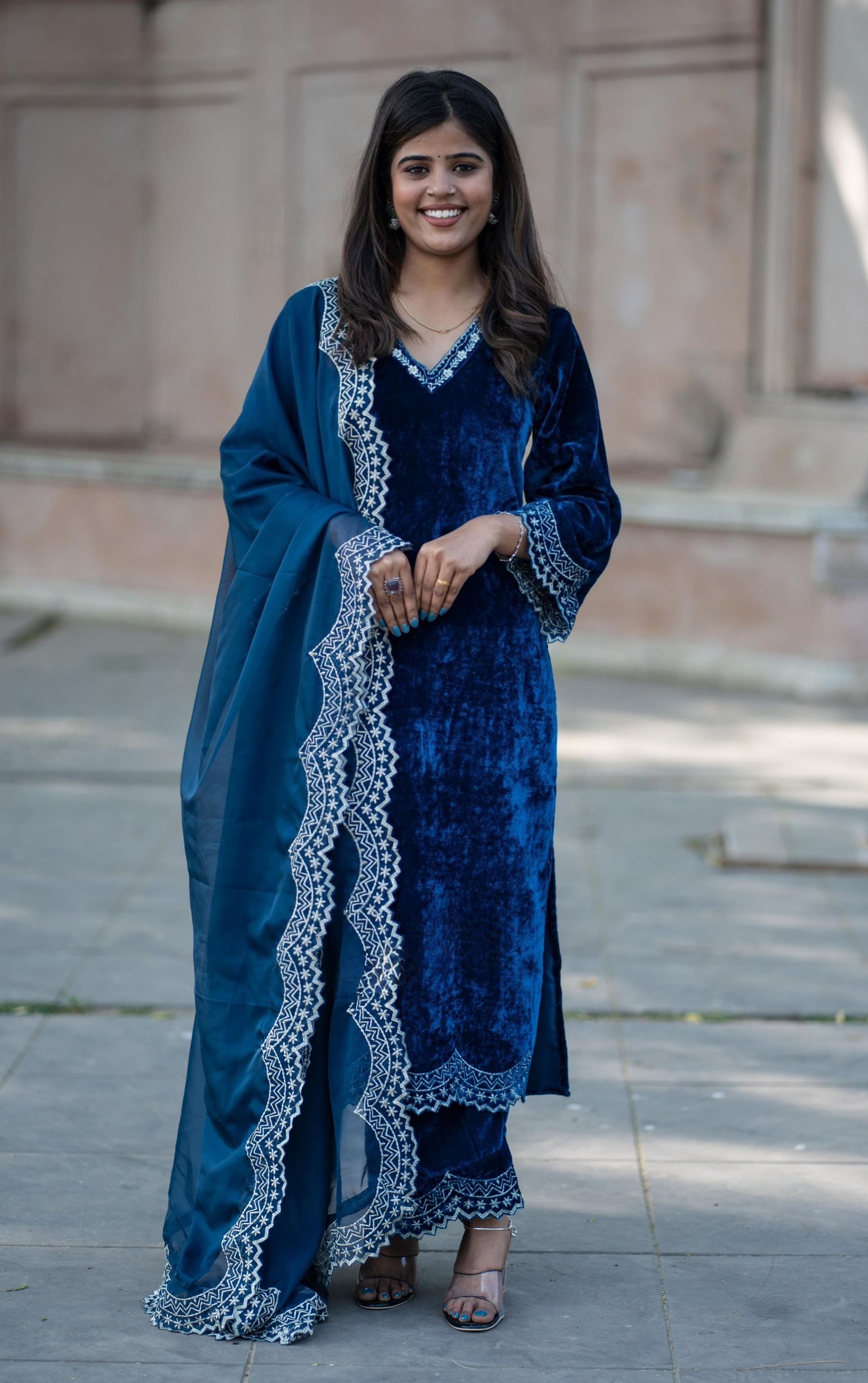 Velvet Suit Set with Zari Embroidery Organza Silk Dupatta