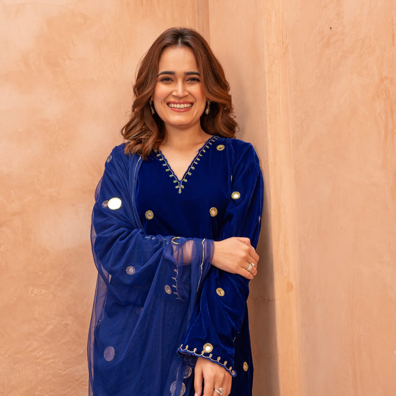 Velvet Winter Suit Set with Mirror, Zari & Cutdana Work