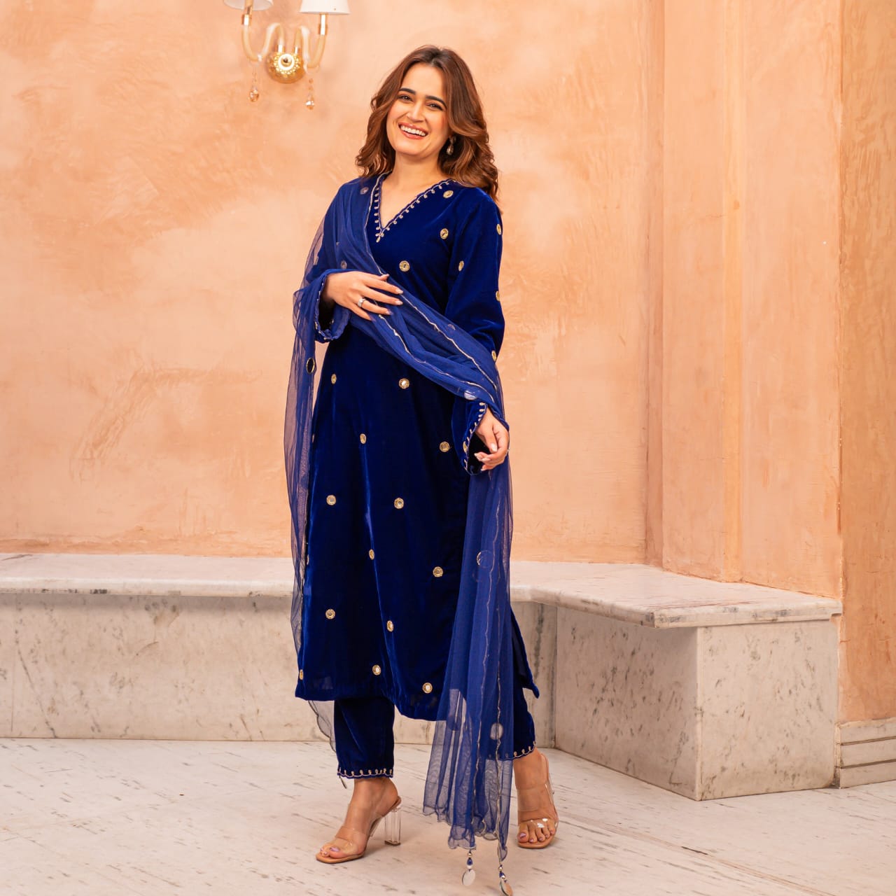 Velvet Winter Suit Set with Mirror, Zari & Cutdana Work