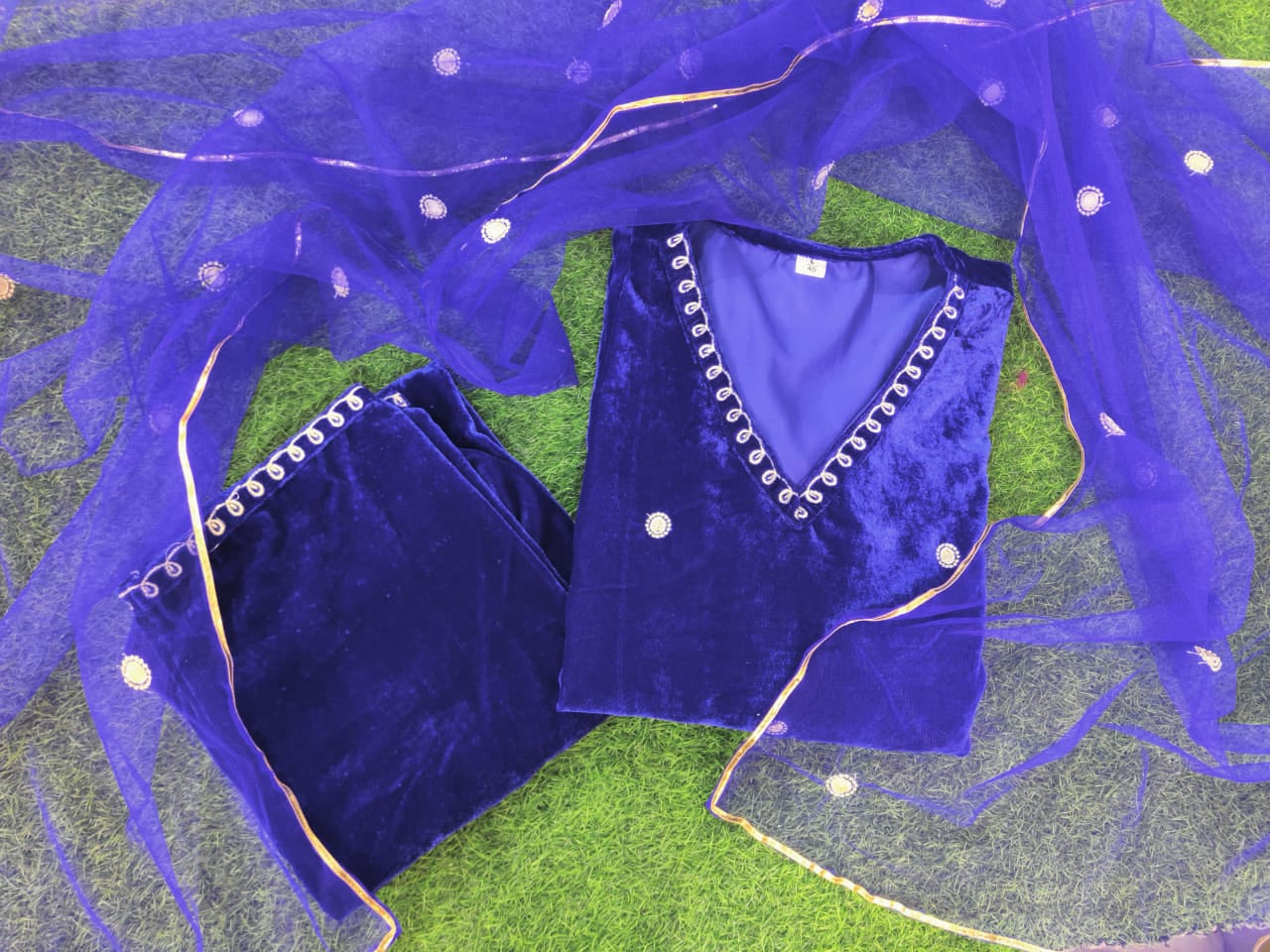 Velvet Winter Suit Set with Mirror, Zari & Cutdana Work