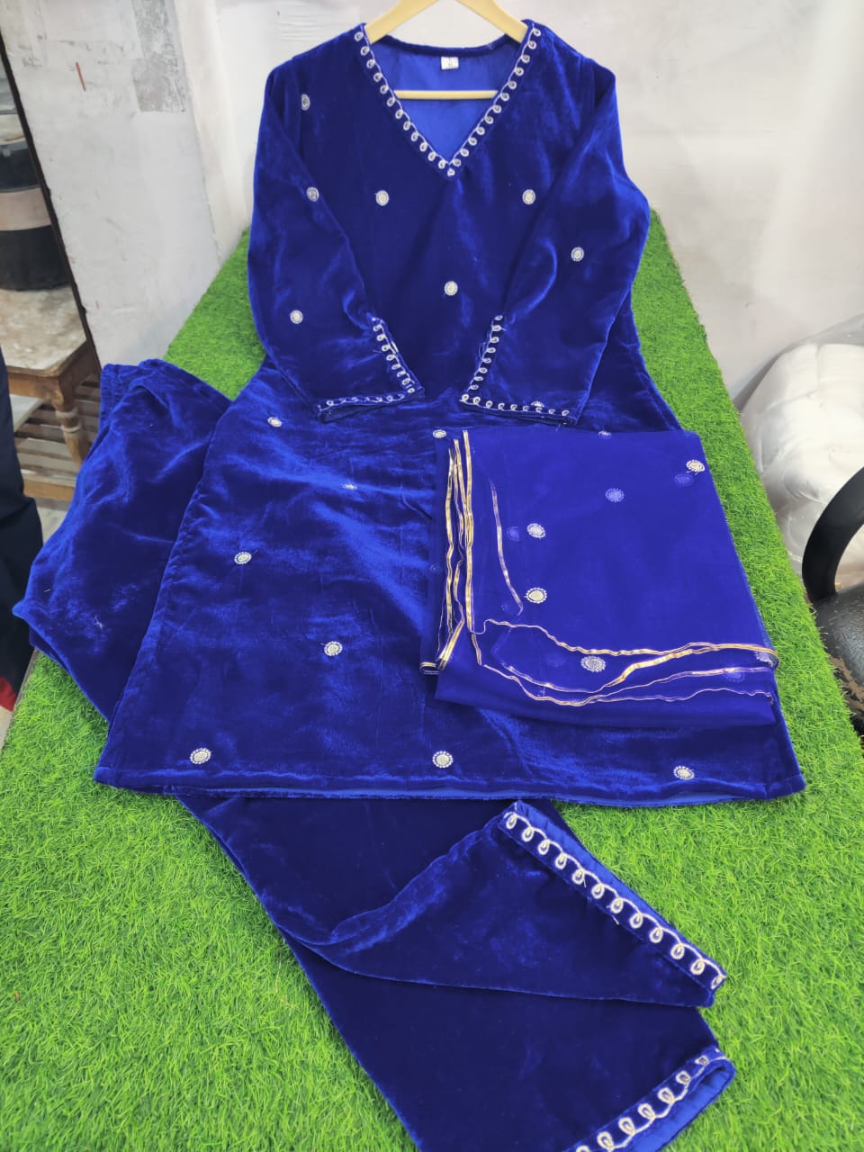 Velvet Winter Suit Set with Mirror, Zari & Cutdana Work