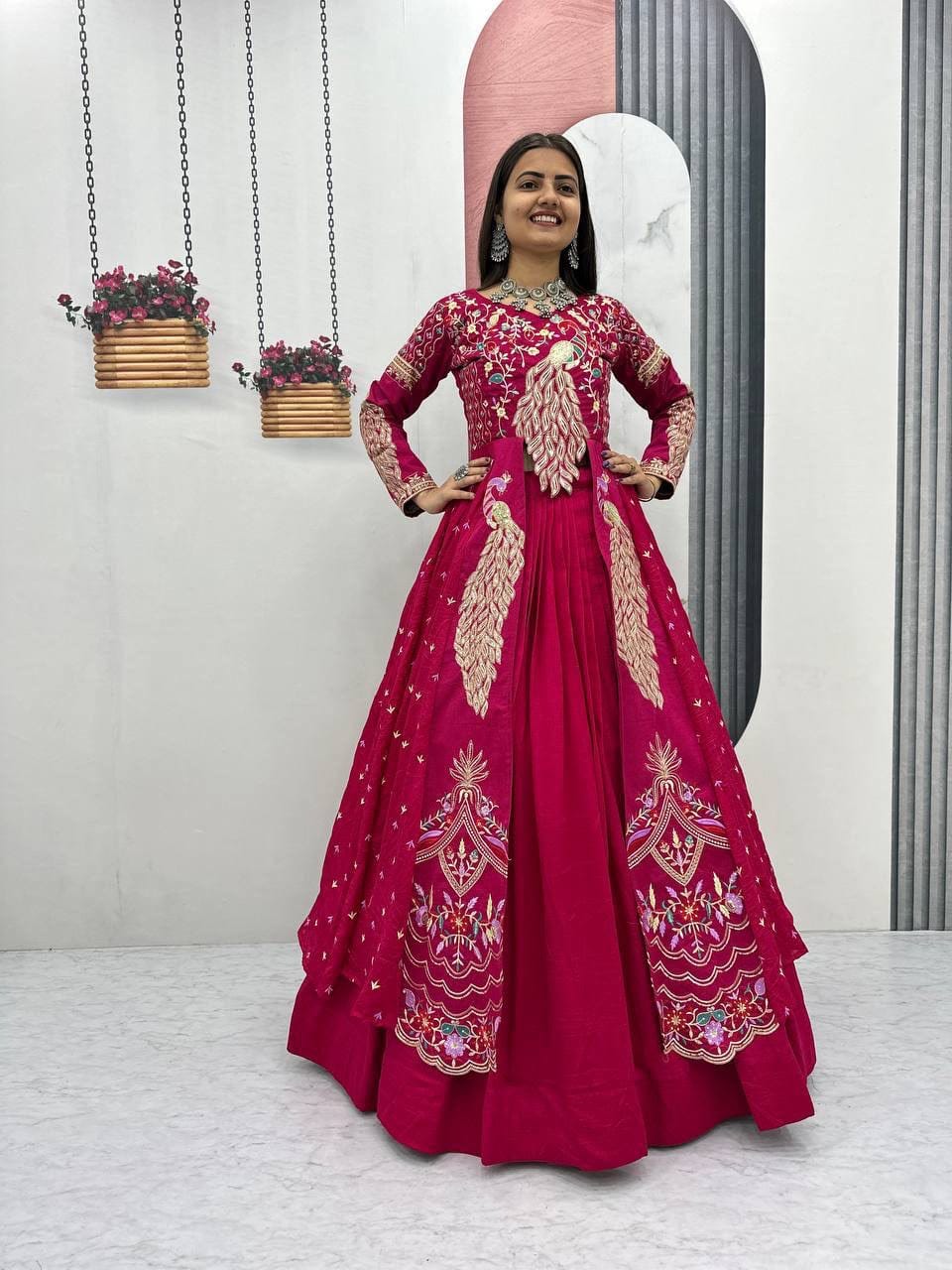 Vichitra Crop Top with Shrug and Lehenga Set for Women