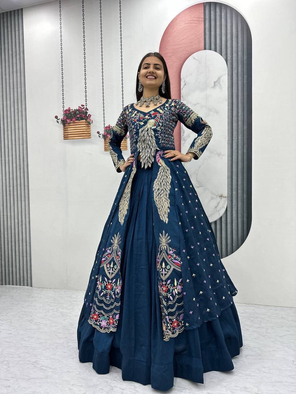 Vichitra Crop Top with Shrug and Lehenga Set for Women