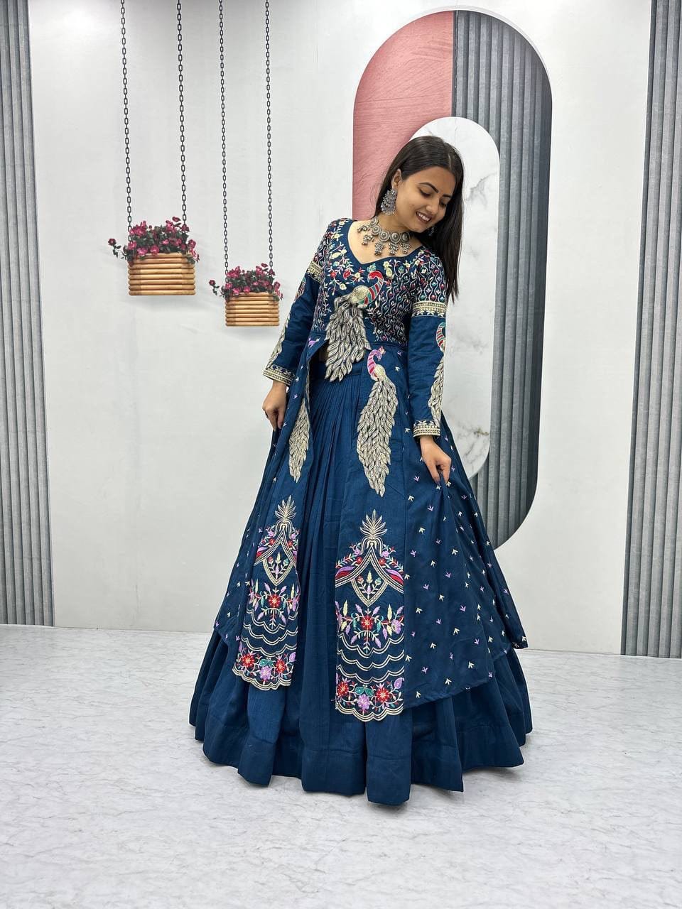 Vichitra Crop Top with Shrug and Lehenga Set for Women