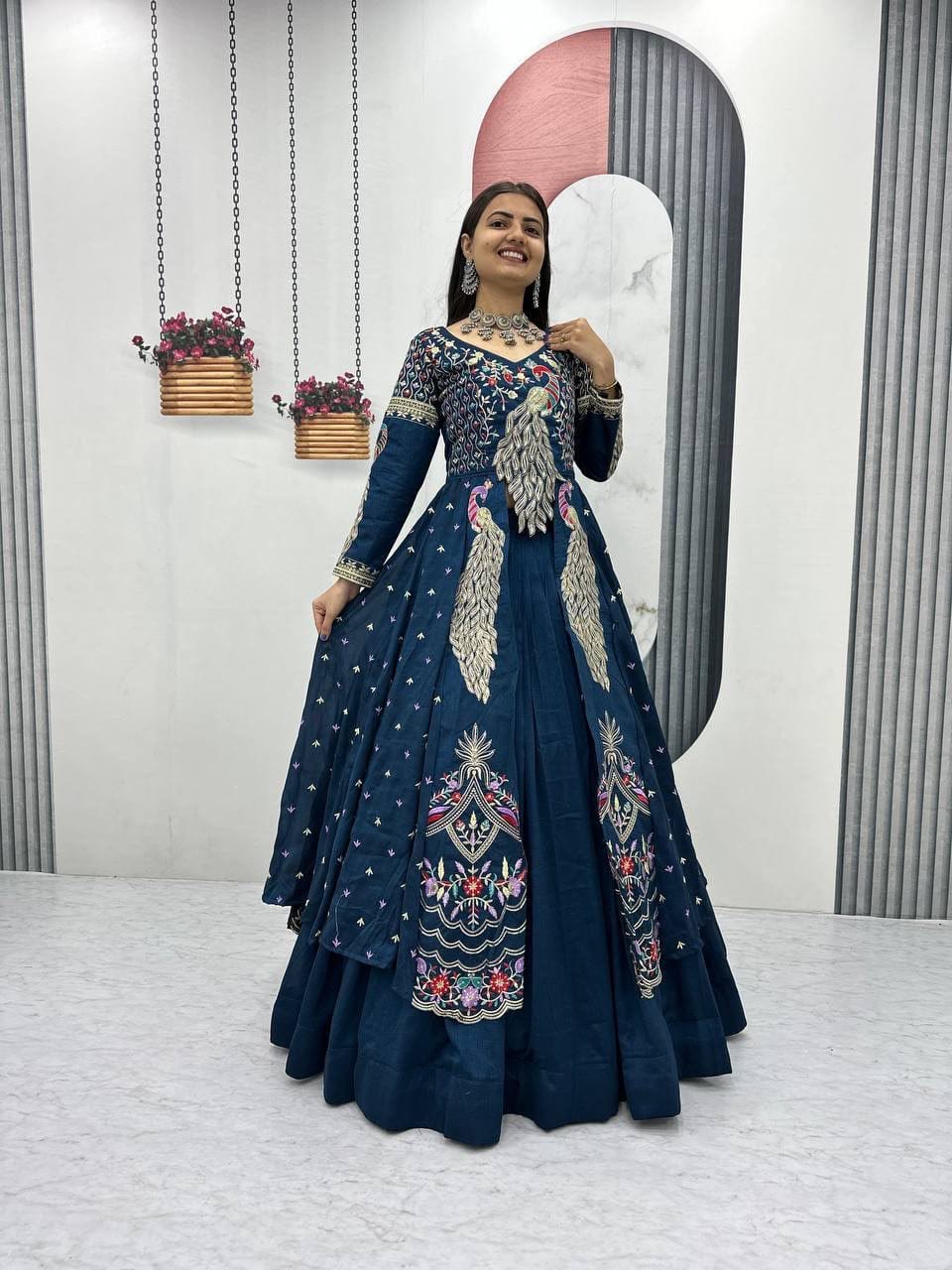 Vichitra Crop Top with Shrug and Lehenga Set for Women