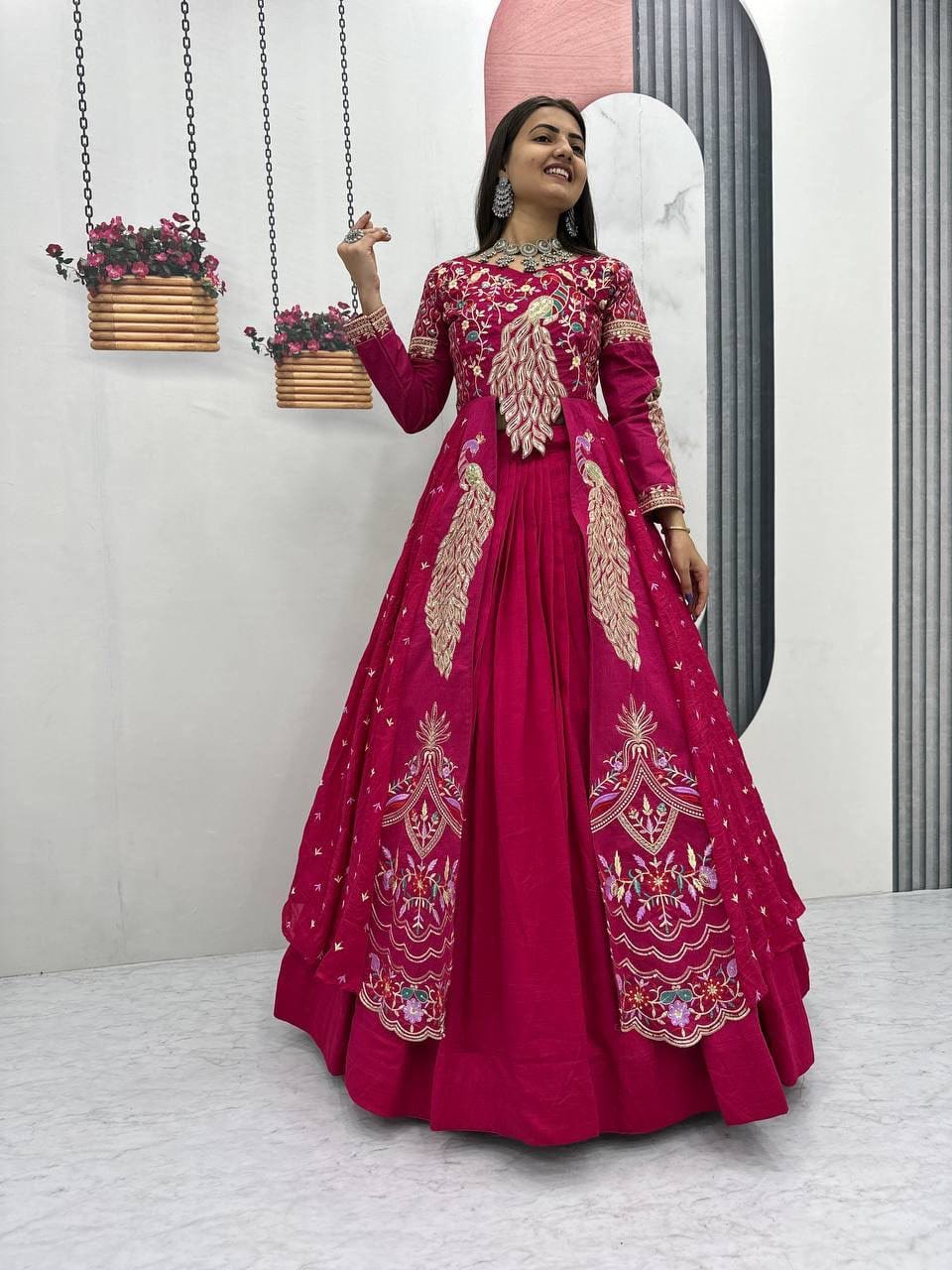 Vichitra Crop Top with Shrug and Lehenga Set for Women