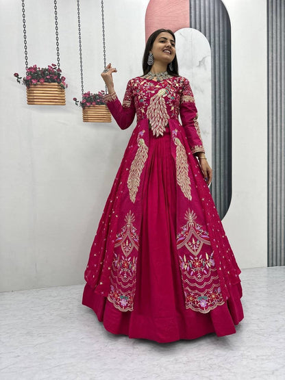 Vichitra Crop Top with Shrug and Lehenga Set for Women