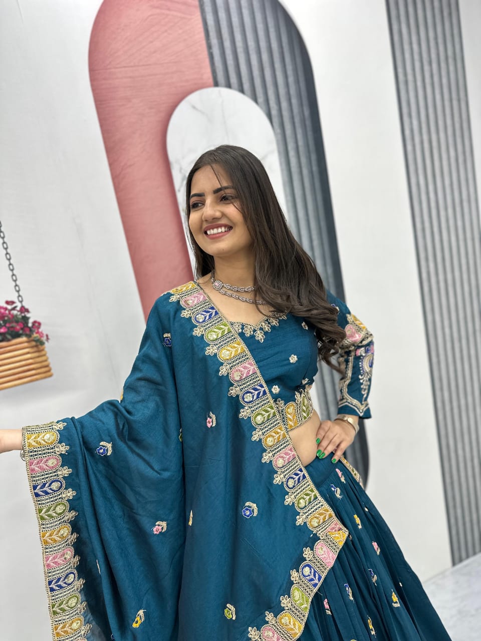 Vichitra Embroidered Lehenga Choli Set with Sequins & Dupatta