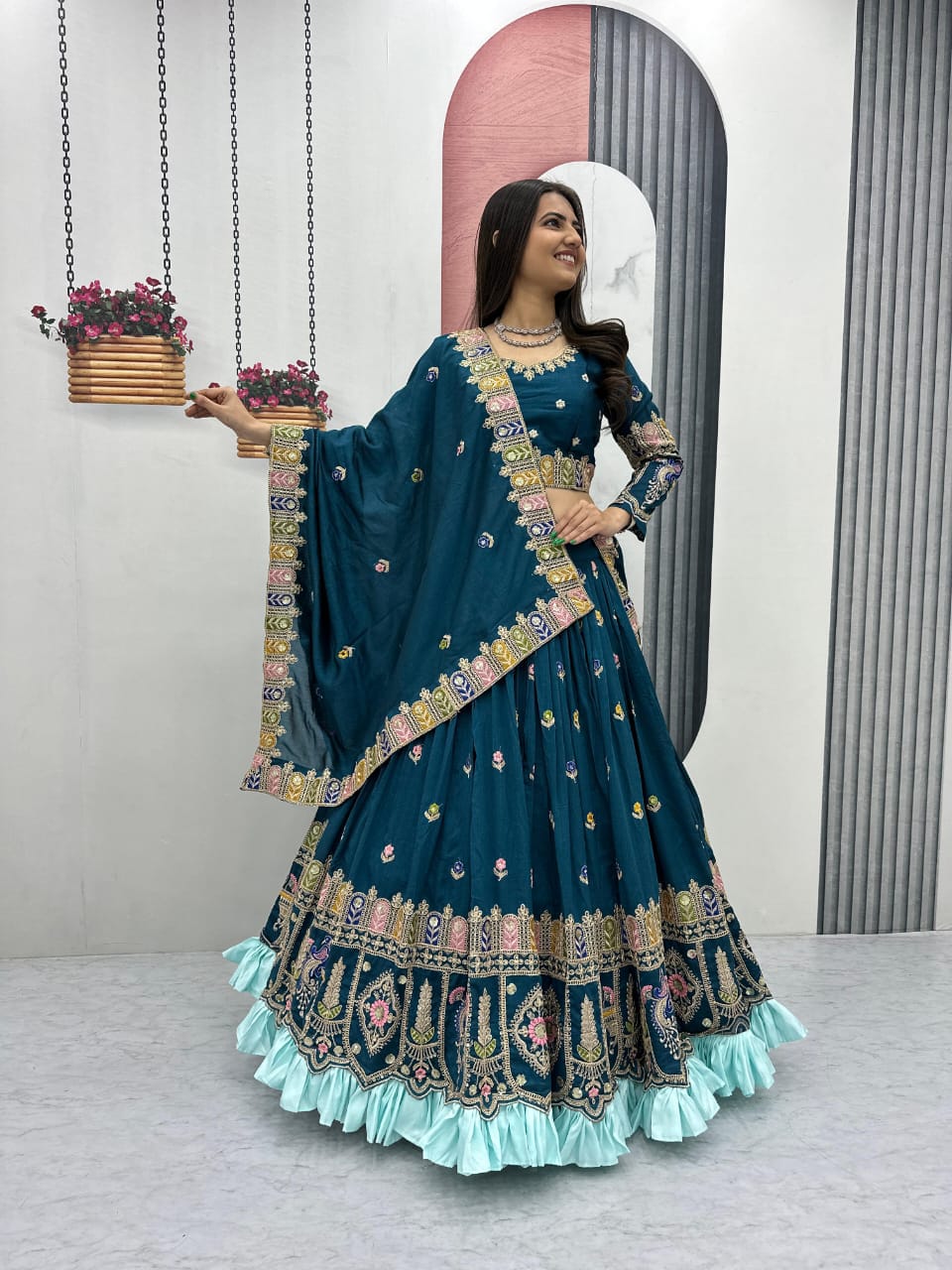 Vichitra Embroidered Lehenga Choli Set with Sequins & Dupatta