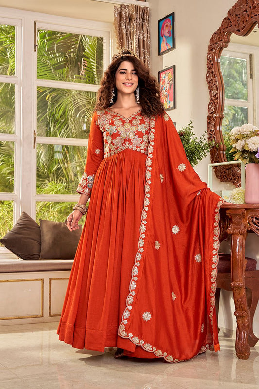 Vichitra Embroidered Long Gown with Dupatta Set