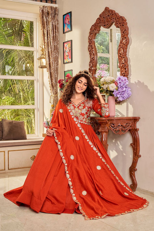 Vichitra Embroidered Long Gown with Dupatta Set