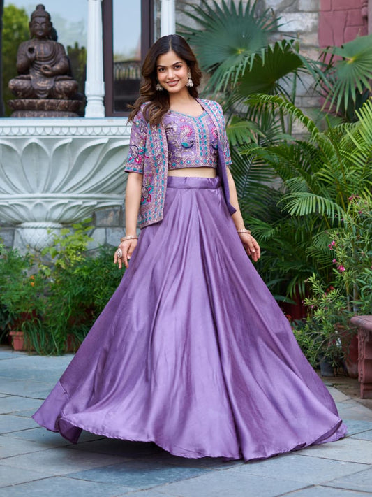 Vichitra Lehenga Choli with Embroidered Koti Set (3 Piece)