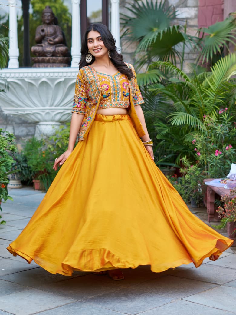 Vichitra Lehenga Choli with Embroidered Koti Set (3 Piece)