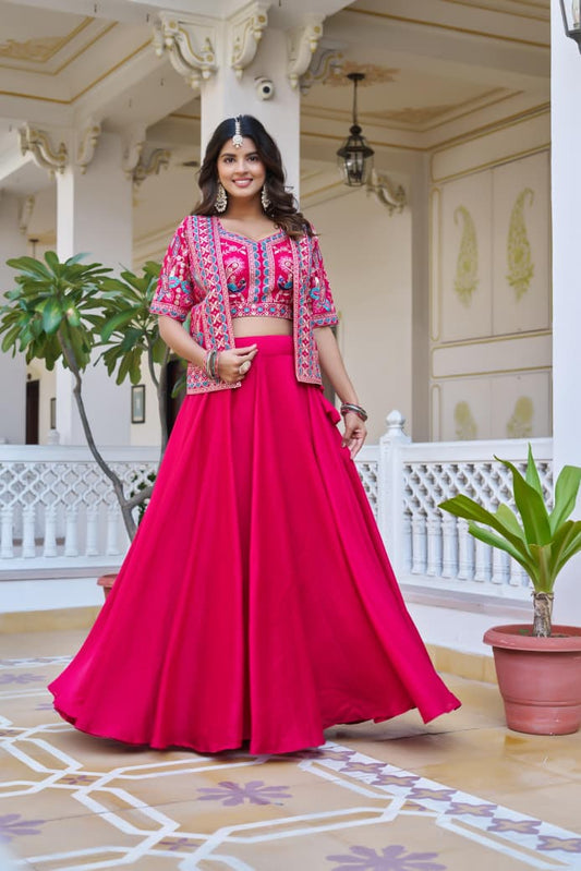 Vichitra Lehenga Choli with Embroidered Koti Set (3 Piece)