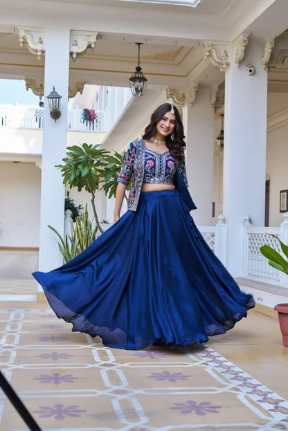 Vichitra Lehenga Choli with Embroidered Koti Set (3 Piece)