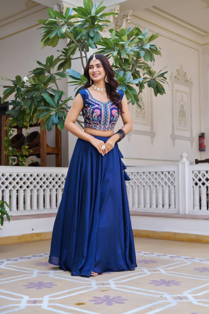 Vichitra Lehenga Choli with Embroidered Koti Set (3 Piece)