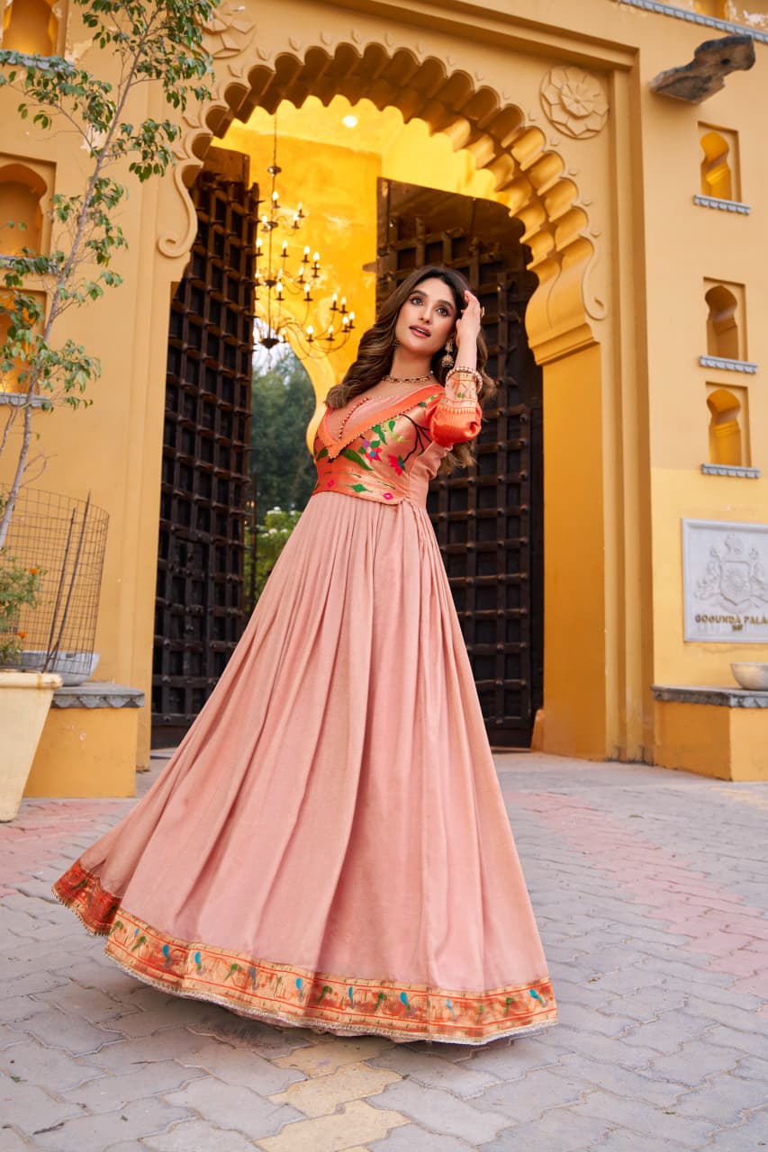 Vichitra Silk Flared Gown with Zari Weaving & Lace Work